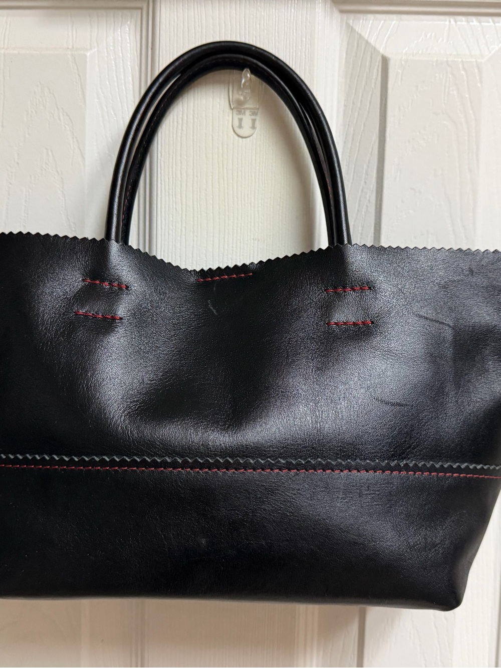 Black Leather Tote with Red Stitching